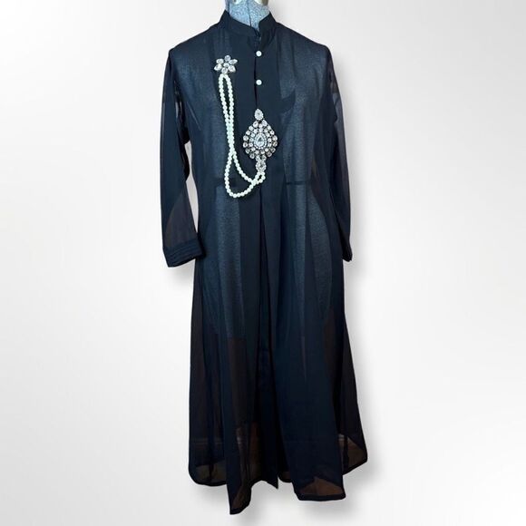 Sheer Unlined Dress with Rhinestone Brooches and Pearls Black Size 46 - Picture 1 of 12